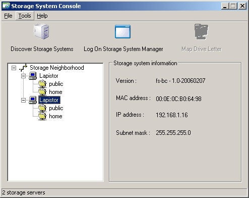 Screenshot of Storage System Console showing a Lapistor RAIDMate NAS interface with a Storage Neighborhood tree, a selected Lapistor device with public and home folders, and storage system information displaying version number, MAC address, IP address, and subnet mask.