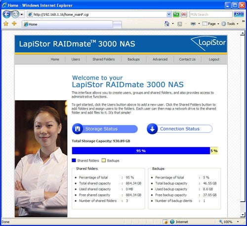 Screenshot of the LapiStor RAIDMate 3000 NAS user interface displayed in a web browser, showing storage and connection status, with a smiling person in business attire standing in the foreground.