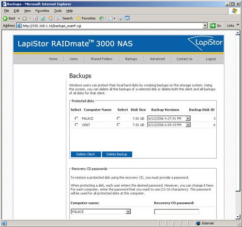 Screenshot displaying the user interface of the LapiStor RAIDMate 3000 NAS management software in a web browser, showing the 'Backups' tab with options for selecting computer backups, along with the 'Delete Client' and 'Delete Backup' buttons at the bottom.