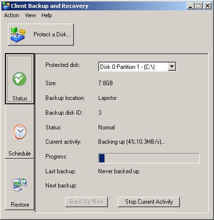 Screenshot of Client Backup and Recovery software interface showing the status of a backup process to a Lapistor device, with Disk 0 Partition 1 selected, current activity displaying 'Backing up' with a transfer rate of 10.3 MB/s, and indicating the disk has never been backed up before.