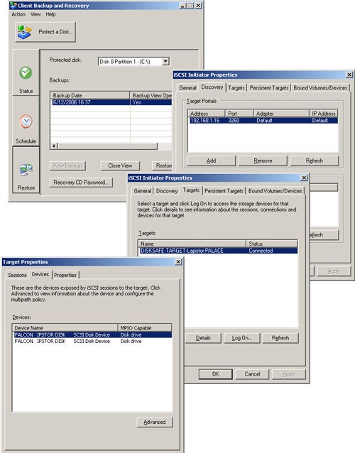 Screenshot of Lapistor RAIDMate NAS software interface showing various dialog boxes related to Client Backup and Recovery, iSCSI Initiator Properties, and Target Properties with connected Disk Safe target.