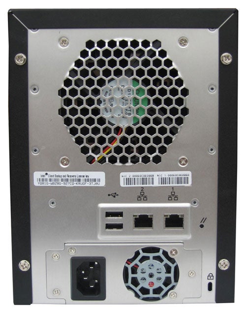 Back view of Lapistor RAIDMate NAS showing power supply port, two fans, USB ports, and Ethernet port, along with serial and model number labels.