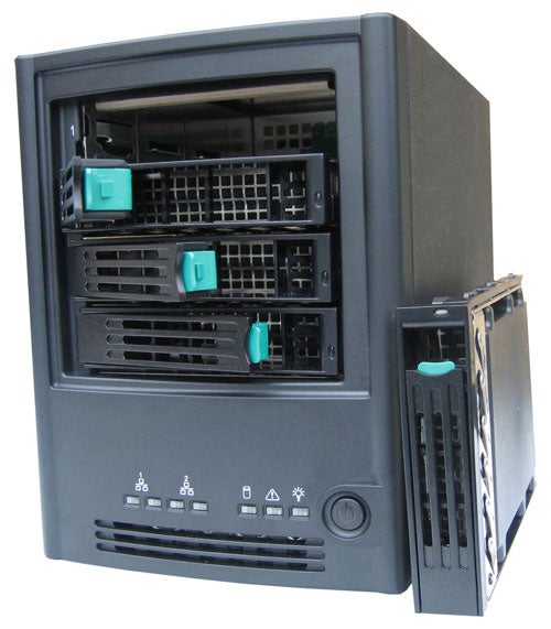 Lapistor RAIDMate NAS device with one hard drive bay open and visible, showing the internal components and connection interfaces, with a sturdy black exterior casing and multiple LED indicators for status and activity on the front panel.