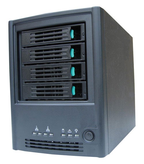 Lapistor RAIDMate NAS device with four hard drive bays occupied by drives with green handles, status lights, and various connectivity and power symbols displayed on the front panel.