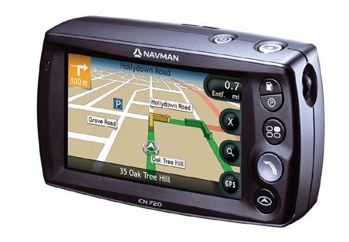 Navman iCN 720 satellite navigation device with a displayed map route on screen and buttons on the right side.