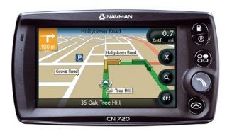 Navman iCN 720 satellite navigation device displaying a map with driving directions on the screen, with buttons for menu access and features alongside the display.