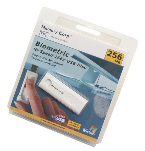 Memory Corp Biometric USB Memory Key with 256MB capacity packaged in a clear plastic blister pack, featuring fingerprint authentication technology, compatible with Windows operating system with software included, and a 5-year warranty.