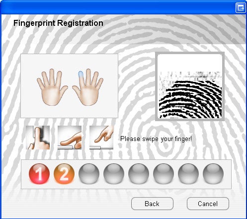 Screenshot of fingerprint registration software for Memory Corp Biometric USB Memory Key, showing hand illustrations and instructions to swipe a finger for scanning.
