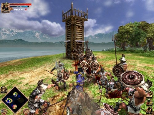 Screenshot from the video game Rise and Fall: Civilizations at War showing a battle scene with warriors and a siege tower in a historical landscape setting.