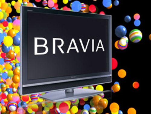 Sony Bravia KDL-V2000 40-inch LCD TV with colorful motion graphic background featuring vibrant multicolored balls.