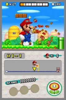 Screenshot of gameplay from New Super Mario Bros. showing Mario jumping to hit a block, with a score display and World 1-1 level indication on the bottom screen.