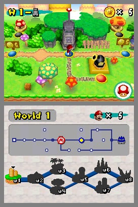 Screenshot of New Super Mario Bros. game showing World 1 map with various levels and the player's icon at the beginning of the map with 5 lives remaining.
