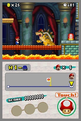 Screenshot of New Super Mario Bros. game on Nintendo DS showing a gameplay scene with Mario facing Bowser in a castle level, score display, and touch screen controls.