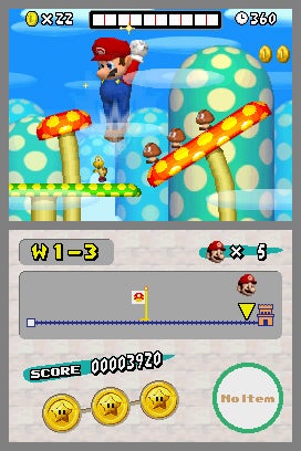 Screenshot of New Super Mario Bros gameplay showing Mario jumping on a mushroom platform in a level with a time remaining of 360 and a life counter displaying five lives, along with a score of 3920, three collected gold coins, and an item reserve box indicating no item stored.