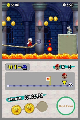 Screenshot of New Super Mario Bros. showcasing gameplay where Mario is avoiding fireballs in a castle level, with the game's HUD displaying the score, time, player's item reserve, and life count.