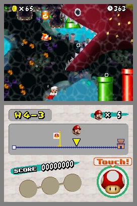 Screenshot of New Super Mario Bros. gameplay showing the character Mario underwater avoiding enemies on the top screen, with the lower screen displaying the world map, level progress, remaining lives, and a score of zero.