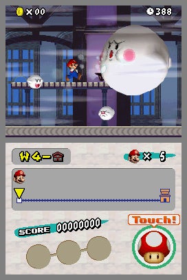 Screenshot from the New Super Mario Bros. game displaying Mario avoiding a large ghost enemy in a haunted house level, with the game's HUD showing World 4, one life, and a score of zero on the bottom screen.