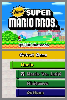 New Super Mario Bros. title screen showing game selection menu with options for Mario, Mario Vs. Luigi, Minigames, and Options on a Nintendo DS screen.Screenshot from the New Super Mario Bros. game displaying Mario avoiding a large ghost enemy in a haunted house level, with the game's HUD showing World 4, one life, and a score of zero on the bottom screen.