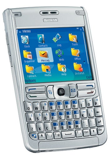 Nokia E61 smartphone with full QWERTY keyboard and large screen displaying colorful menu icons.