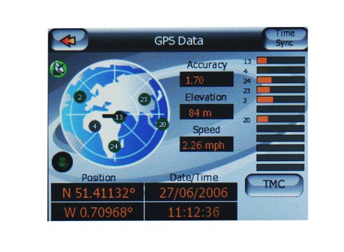Mio DigiWalker C710 GPS device displaying GPS data screen with accuracy, elevation, and speed information, alongside a graphical representation of the earth and location coordinates.