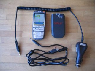 Mobile phone with ALK CoPilot Live GPS and accessories.