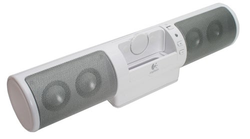 Logitech mm32 portable speaker with cylindrical design and integrated control panel.