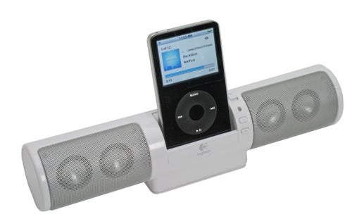 Logitech mm32 portable speakers in white with a digital music player docked in the center.