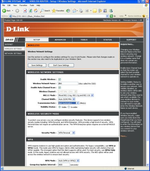 Screenshot of the D-Link DIR-635 router's web interface showing the wireless network settings configuration page on Internet Explorer.