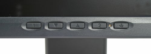Close-up of Viewsonic VP2130b monitor's front control panel with power and adjustment buttons.