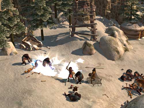 Screenshot of gameplay from Titan Quest showing a character engaged in combat against a group of enemies in a snowy environment with a catapult and boulders in the background.