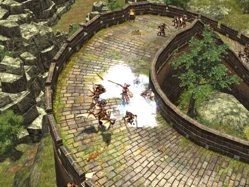Screenshot of gameplay from Titan Quest showing a character fighting a group of enemies on a stone bridge within a mountainous environment.