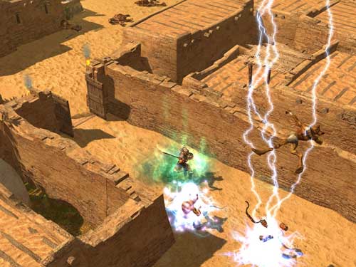 Screenshot of gameplay from Titan Quest showing a character using lightning powers to attack enemies on ancient ruins.