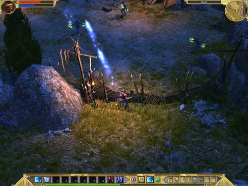 Screenshot from the action role-playing game Titan Quest showing a character in combat with monsters using lightning-based abilities at night, with game interface including health and mana bars visible.