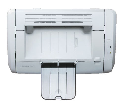 HP LaserJet 1018 Personal Laser printer in neutral background, paper output tray extended with top-down view.