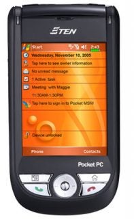 An E-TEN M600+ Windows Mobile Device displaying its home screen with menu options such as Calendar, Tasks, and Contacts, indicating the date Wednesday, November 10, 2005.