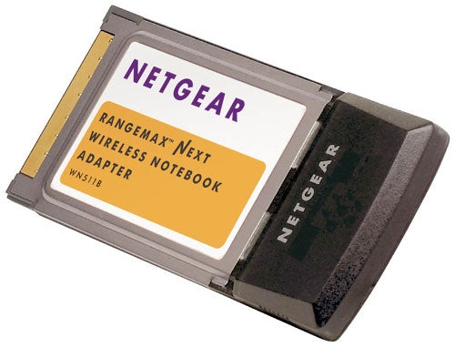 NetGear RangeMax NEXT Wireless Notebook Adapter showing product label and model number.