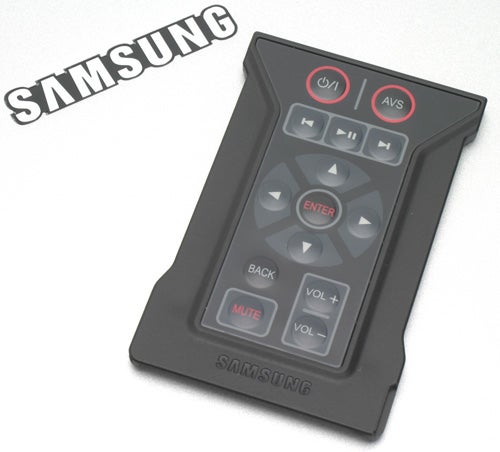 Samsung X60 Centrino Duo notebook accessory remote control with labeled buttons for power, AVS, arrow keys, enter, back, volume, and mute on a light background.