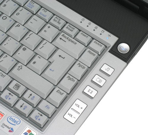 Close-up view of the keyboard and power button on a Samsung X60 Centrino Duo Notebook, highlighting the Intel Centrino Duo sticker.