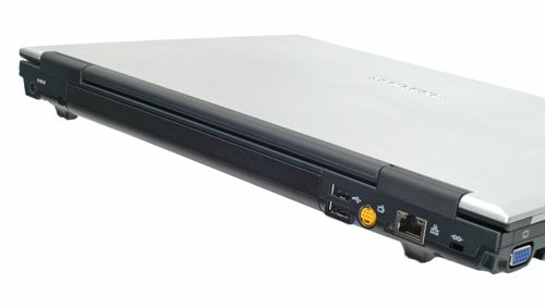 Side view of a closed Samsung X60 Centrino Duo Notebook showcasing ports and silver exterior.