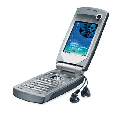 Nokia N71 flip phone with screen displaying menu, earphones connected, set against a white background.