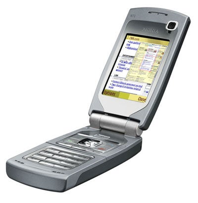 Nokia N71 phone open to display its screen and keypad, showing the user interface with menu options.