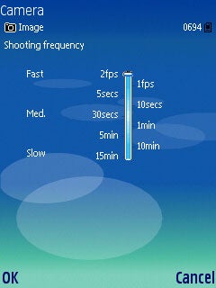 Screenshot of Nokia N71 camera settings displaying shooting frequency options with values ranging from 2fps at fast to 15min at slow.