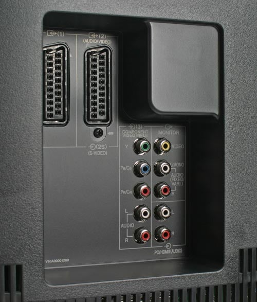 Close-up of the back panel of Toshiba Regza 42WLT66 LCD TV showcasing various input connectors such as SCART, Component, S-Video, and RCA audio inputs.