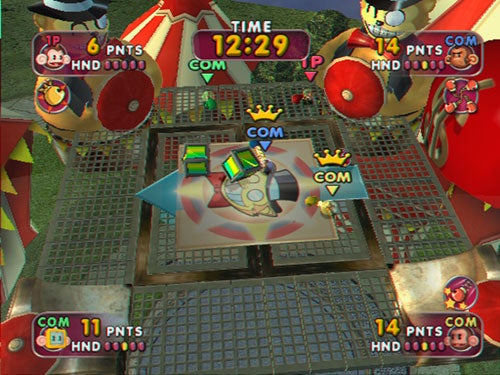 Screenshot of gameplay from Super Monkey Ball Adventure showing a colorful arena with player and computer-controlled characters in transparent balls, competing to collect points, indicated by the on-screen score display.