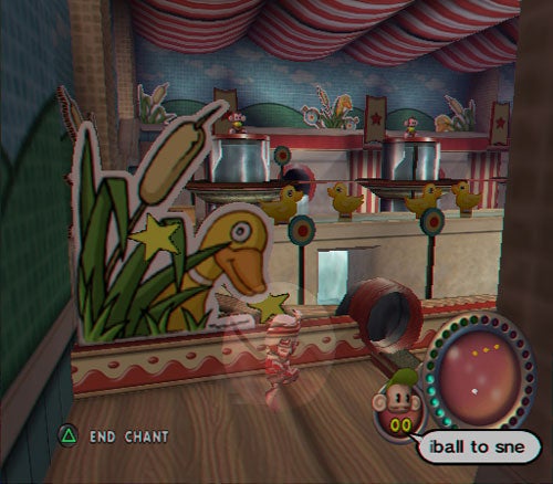 Screenshot from the video game Super Monkey Ball Adventure showing a character in a ball navigating through a colorful level with an obstacle course, alongside game interface elements like a radar and controls display.