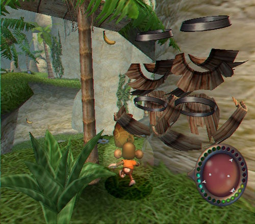 Screenshot from the video game Super Monkey Ball Adventure showing a character navigating through an in-game obstacle course with floating rings and a minimap on the right side.