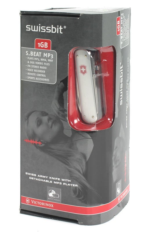 SwissBit s.beat MP3 digital audio player with a 1GB capacity in red, integrated into a Swiss Army knife, displayed in its original packaging.
