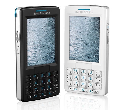Sony Ericsson M600i smartphones in black and white, standing vertically with qwerty keyboards and touchscreen displays.