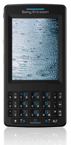 Sony Ericsson M600i smartphone with a black casing, full QWERTY keyboard, and display showing water droplet wallpaper.