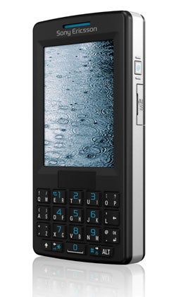 Sony Ericsson M600i smartphone with textured backdrop on the screen, displayed vertically with a QWERTY keyboard visible below the screen.